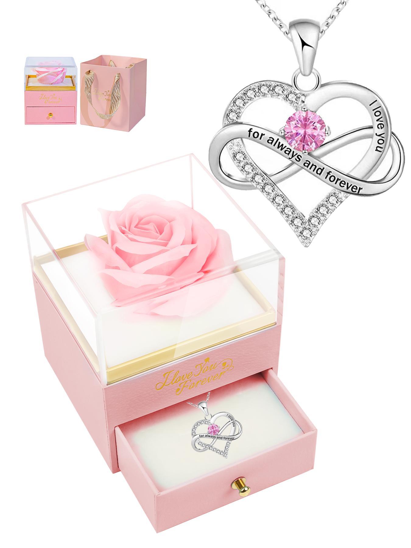 Women's heart-shaped infinity pendant necklace and rose gift box set, pendant engraved with 'I love you forever', stylish Mother's Day and Valentine's Day gift, women's jewelry gift, women's necklace, a gift for the most loved family members and lovers.