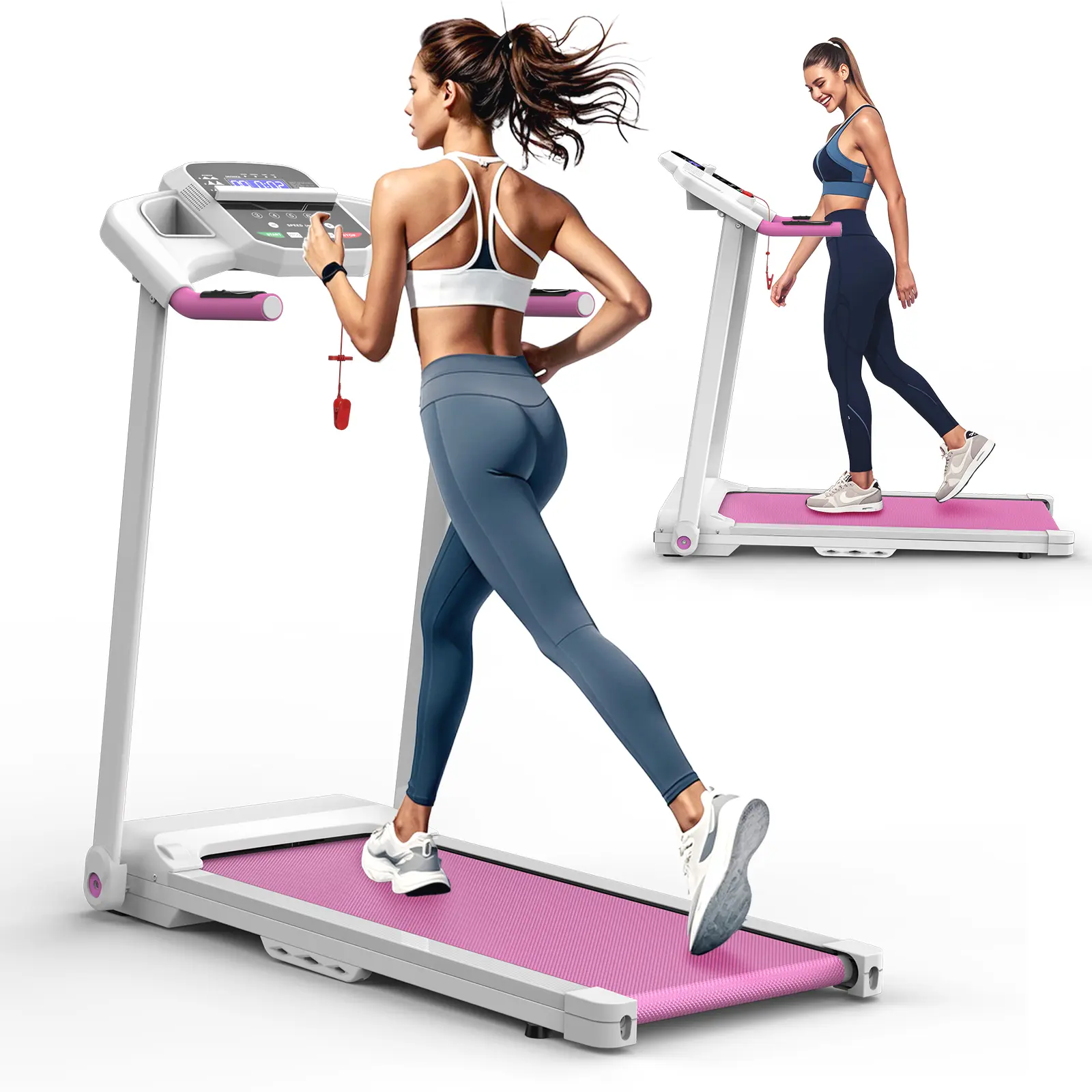 Nokaa Foldable Treadmill 2.5HP Electric Running Walking Machine for Home Gym, 39.37"x15.35" Belt, 265lbs Capacity, Steel Frame, White+Pink, Space-Saving Folding Design, Quiet Motor, Compact Exercise Equipment, White+Pink Color Options