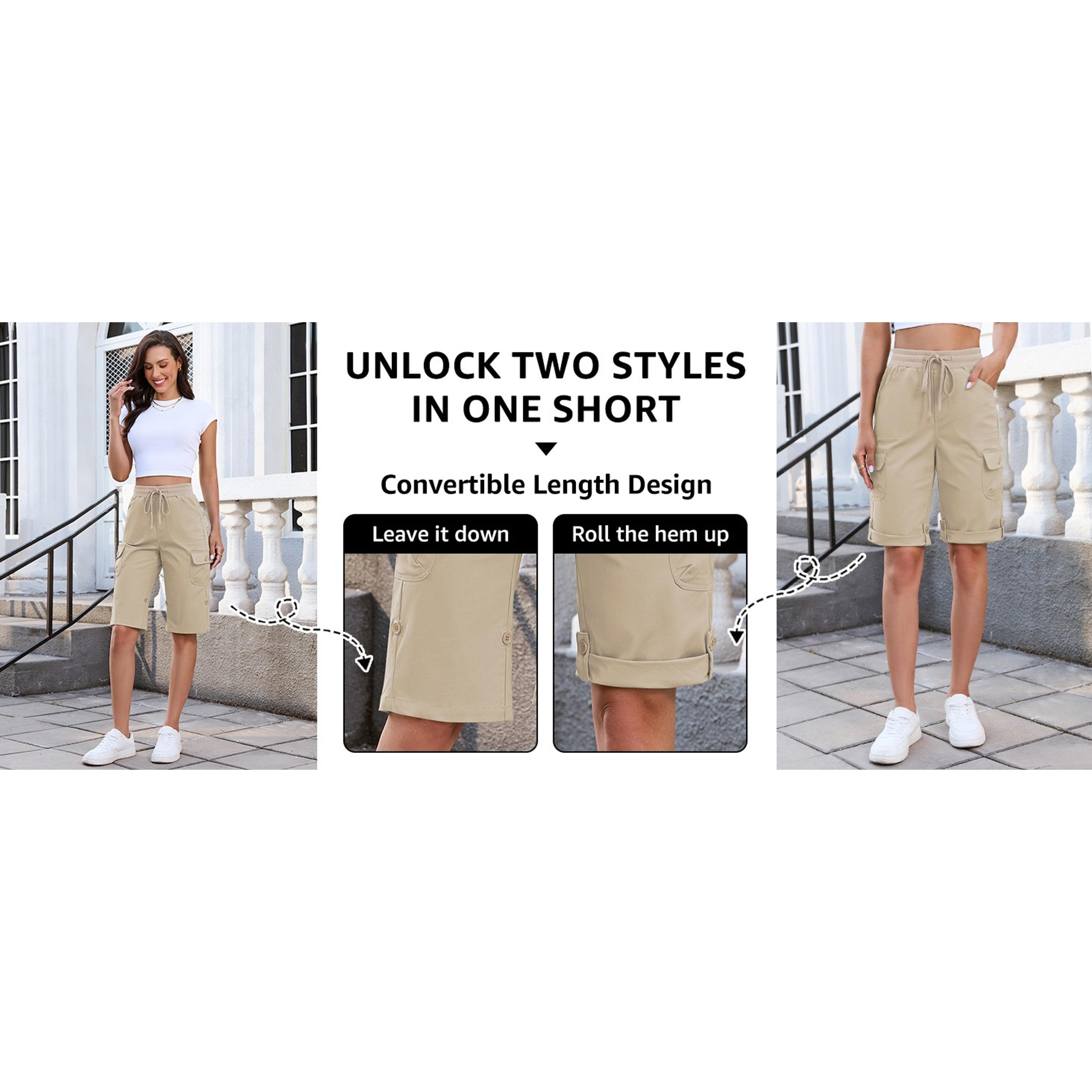Ladies' Cotton Bermuda Shorts - High-Rise, Knee-Length, Pull-On Elastic Waist with Drawstring, Fold Hem, Casual Summer Chino Cargo Bottoms That Fits Daily Wear, Blouse, Pockets, Simple, Tank Top