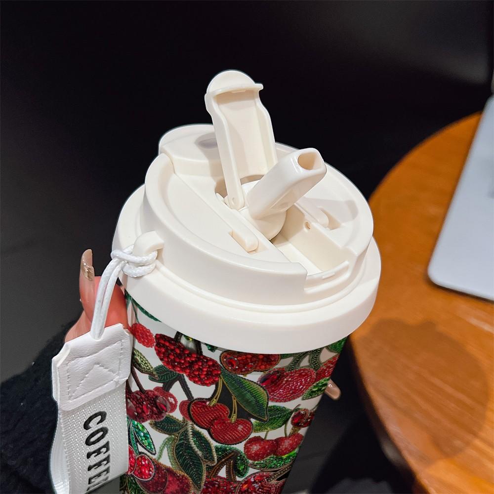 Abstract Oil Painting Cherry Texture Coffee Cup, Portable Insulated Tumbler, Keeps Hot/cold, Boho Style, Ideal for Office, Travel, Sports