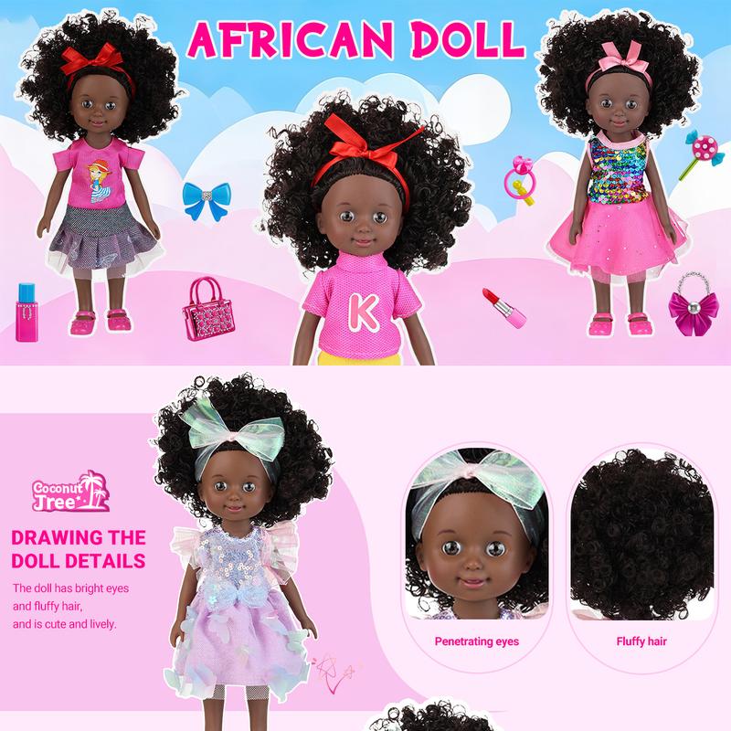 Black Baby Doll, 10 inch American African Girl Doll with Dress, Realistic Reborn for Kids Aged 2 3 4 5 6, Silicone Small Toy Curly Hair Birthday Gift, Brown