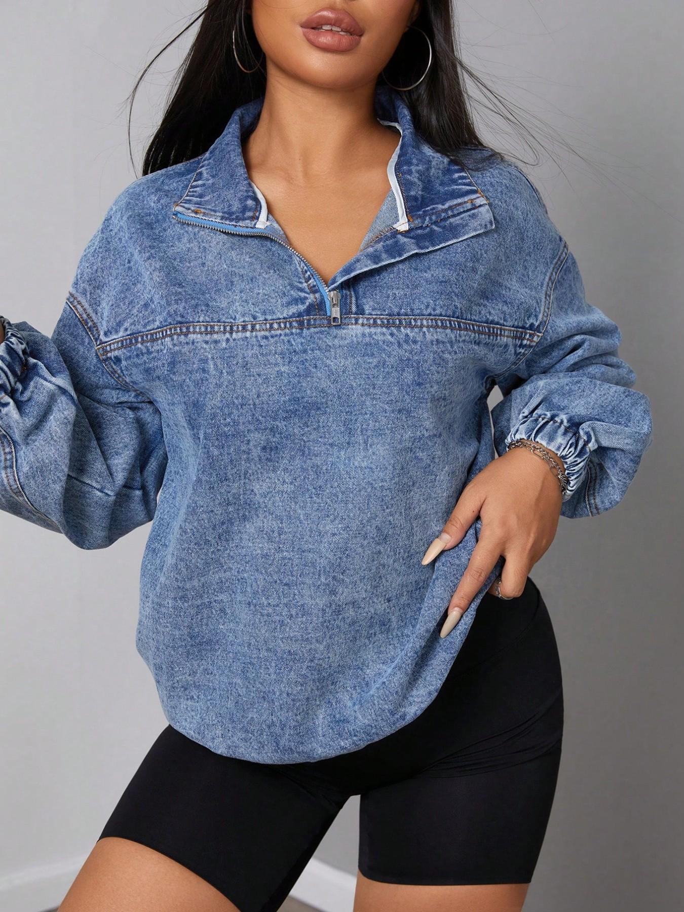 Women's Denim Jacket with Half Zipper and Standing Collar, Loose Fit Drop Shoulder Long Sleeve Top, Washed Vintage Pullover Casual Fashionable Stylish Outerwear Coats