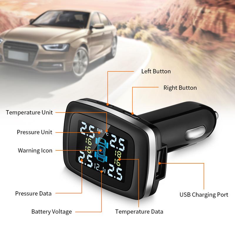 Wireless Tire Pressure Monitoring System Joysync C100 Alarm Powered HD LCD Color Display Real-Time Tire Pressure TPMS Monitoring