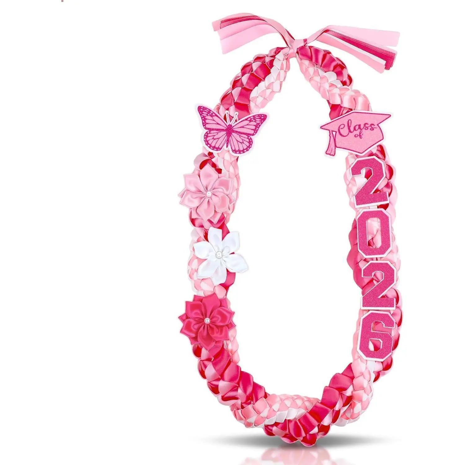 50" Graduation Leis Class of 2026 - Handmade Double Braided Graduation Ribbon Leis with Satin Flowers Glitter Pins for Women Graduation Ceremony Congrats Grad Gifts Party Supplies (Pink)