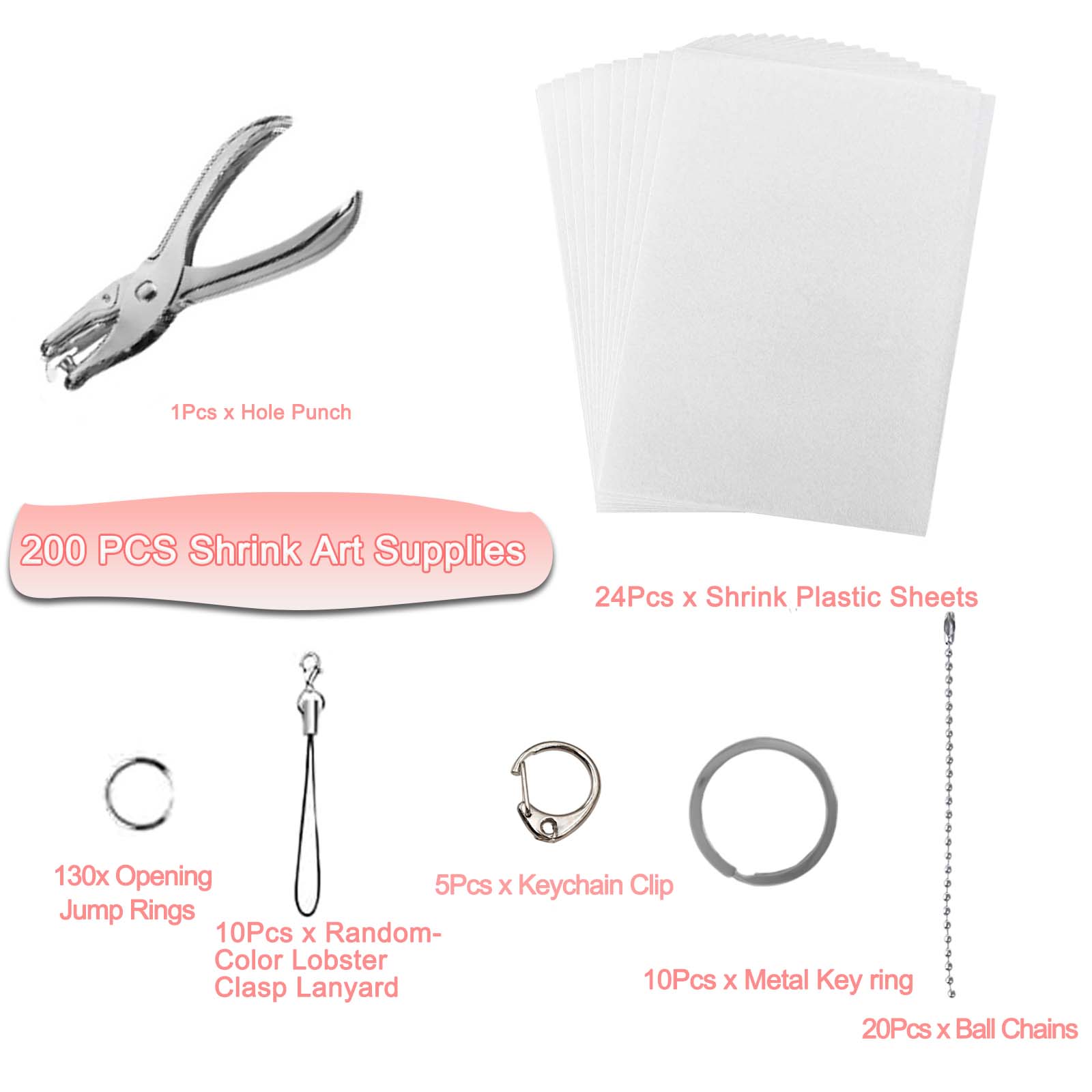 184pcs/200pcs Shrink Plastic Sheet Kit with Shrink Paper Keychain Set, 176pcs Keychains and Open Iron Rings, Handmade Keychain, Christmas Gift