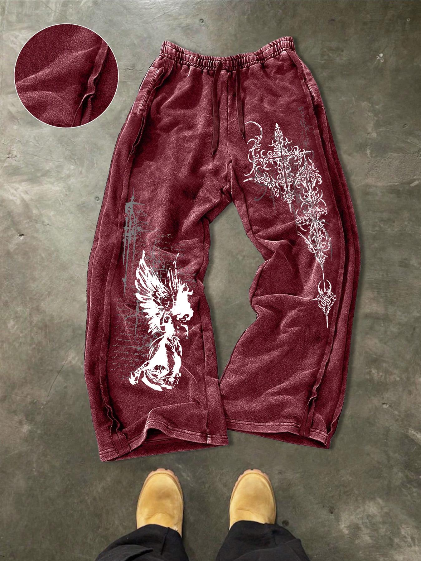 Men's Washed Cotton Sweatpants with Side Hem Stitching Design, Gothic Print Pattern, Comfortable Casual Pants for Daily Wear