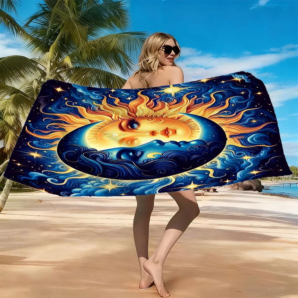 [Beach Towel] Sun and Moon Psychedelic Art Beach Towel - Premium Microfiber Digital Print Design, Ultra-Soft and Quick-Dry Aesthetic Bohemian Tapestry Style Bath Towel for Summer Vacation, Poolside, Travel – Durable Vivid Colors Fade-Resistant 1pc