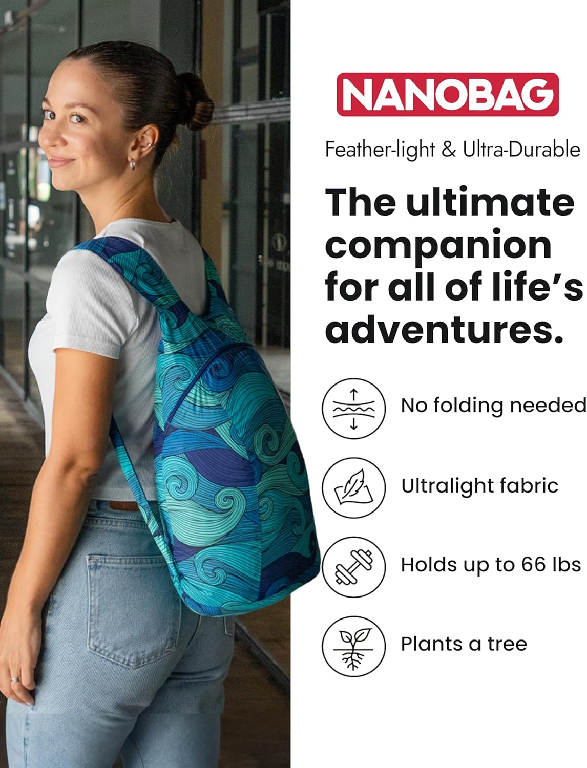 Nanobag Daypack - Ultralight Foldable Backpack for Traveling and Compact Mini Hiking Pack for Men & Women, Reusable Collapsible