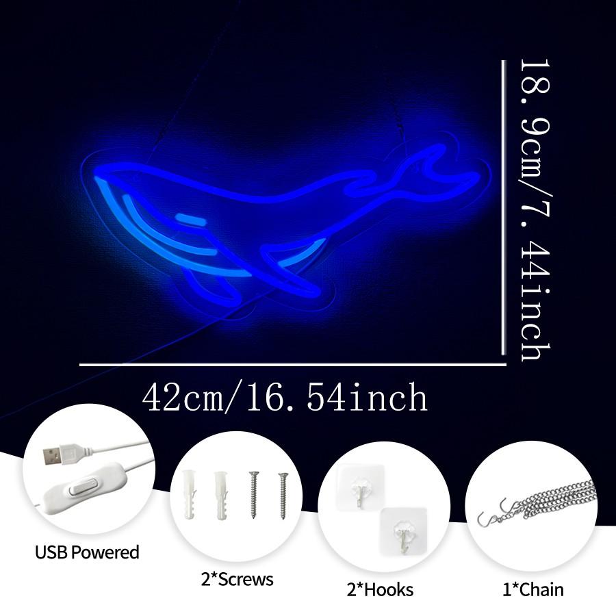 whale Neon Sign,  LED Shark Light Animal Wall Decor, Christmas Gift White Elephant Gifts for Boys Men, Bedroom Living Room Man Cave Home Decoration With USB Powered