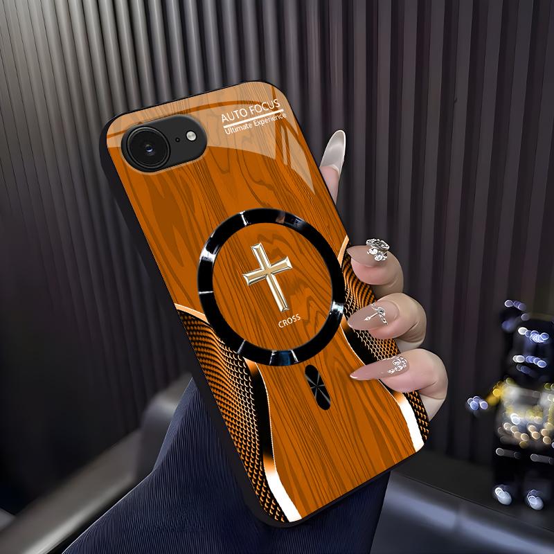 Luxury Wood Grain MagSafe phone case Carbon Fiber Texture Golden Cross Emblem for [iPhone 16e] 952