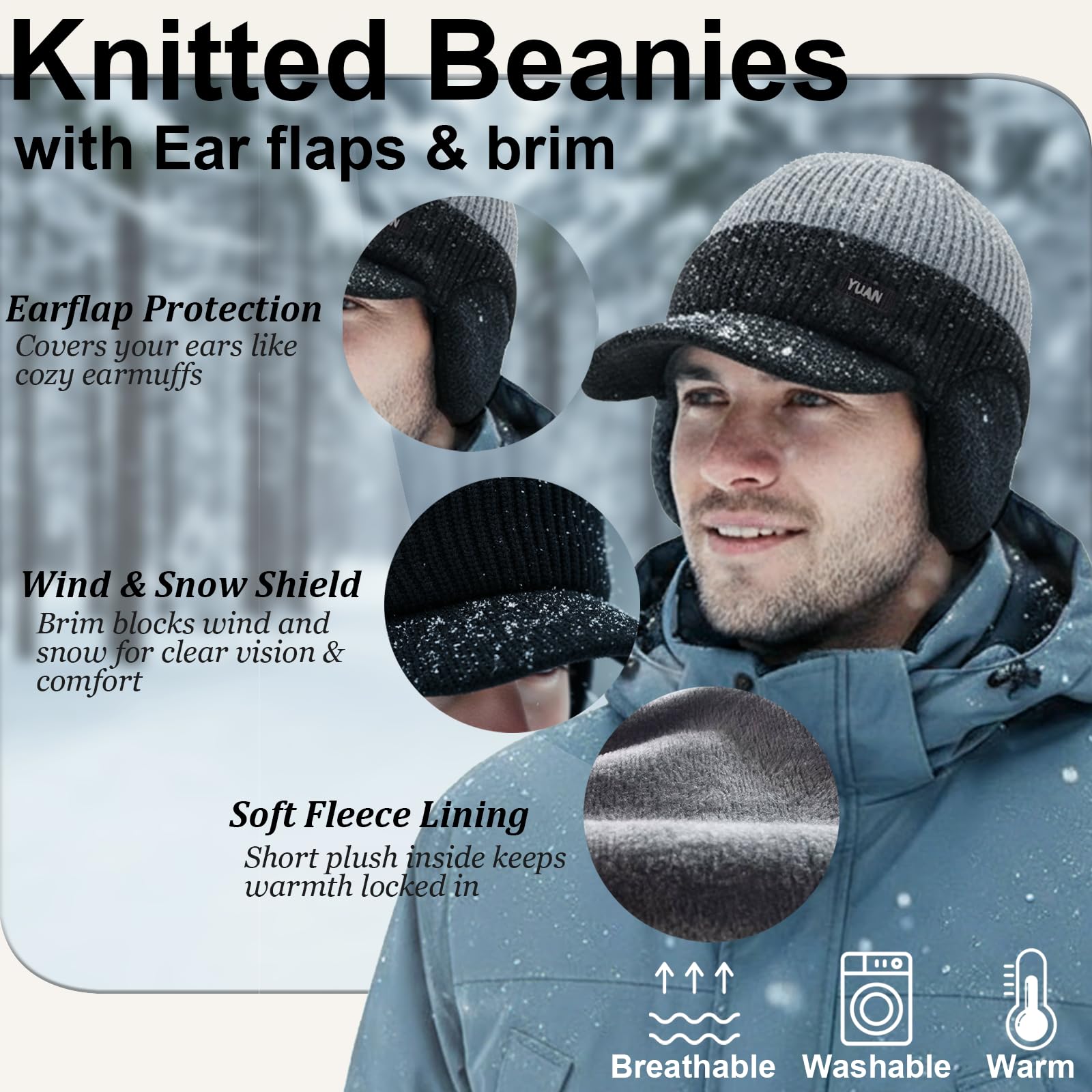 Men's Winter Ear Warmer Hat, Fleece Lined Thick Warm Knit Cap, Knitted Hat, Windproof Cycling Beanie, Cold Weather Headwear, Sports Hat, Outdoor Protection