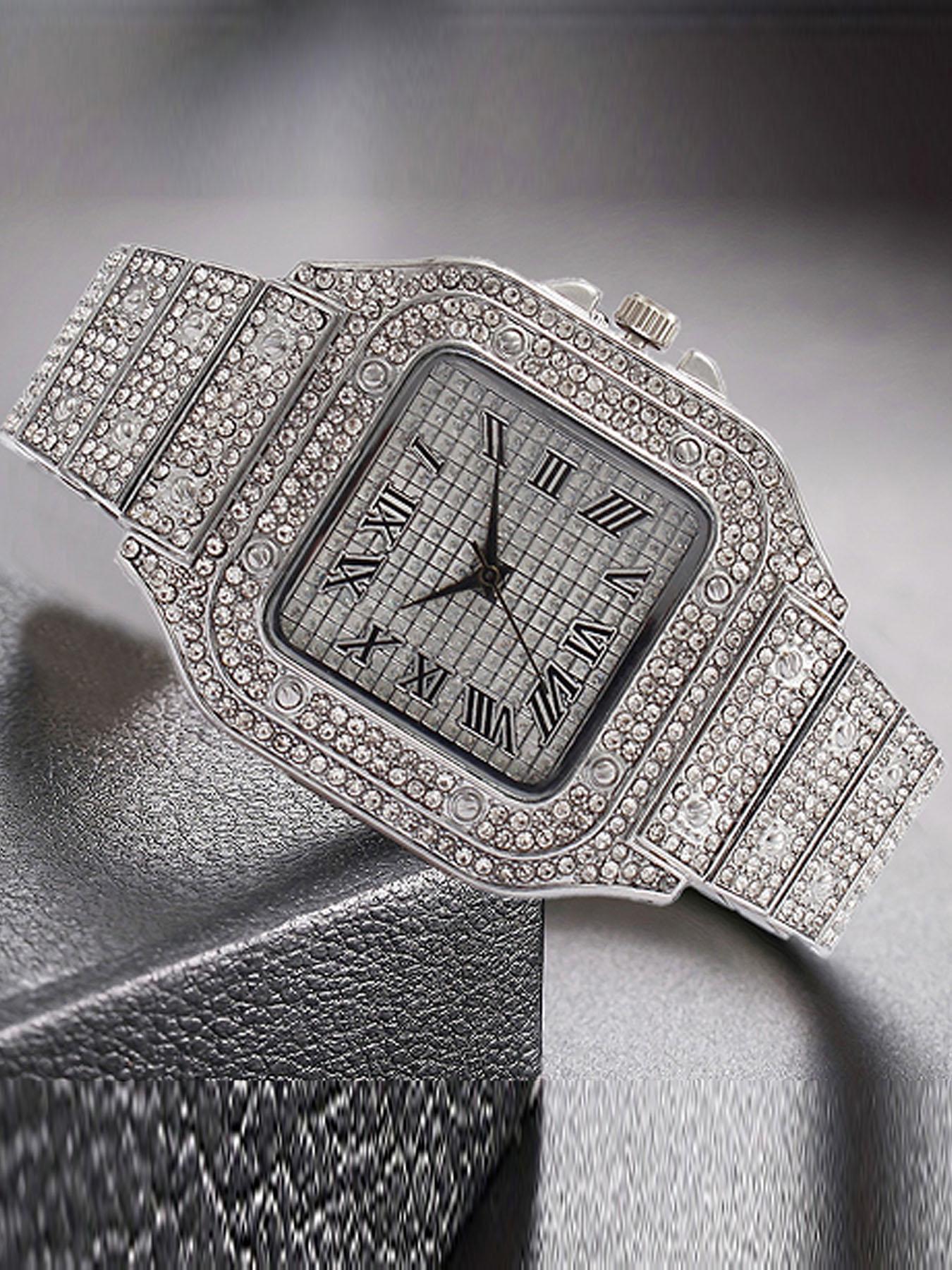 Men's Casual Fashion Quartz Watch, Elegant Square Dial Rhinestone Decorated Alloy Case Wristwatch, Classic Simple Fashion Street Style For All Seasons, Black Friday Deal Watch Suitable For Casual Business Wear, Birthday Christmas Gift
