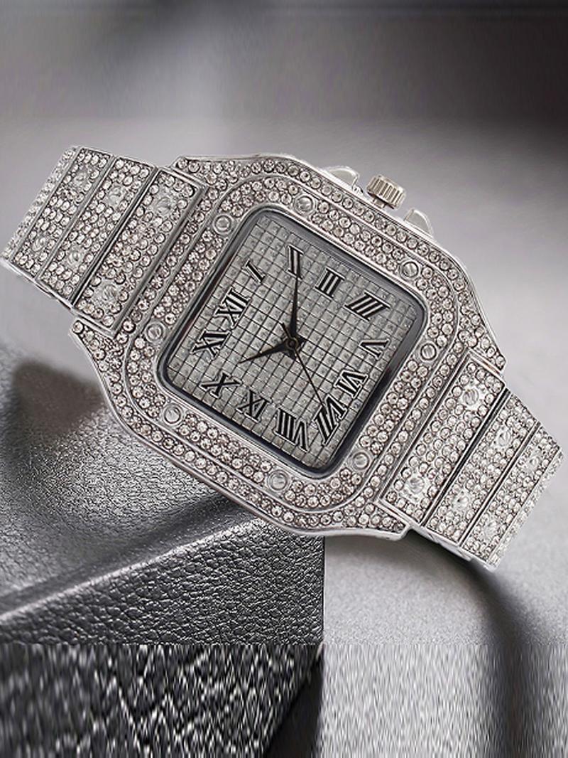 Men's Casual Fashion Quartz Watch, Square Rhinestone Decorated Alloy Case Wristwatch, Classic Simple Fashion Street Style For All Seasons, Black Friday Deal Watch Suitable For Casual Business Wear, Square Dial Wristwatch, Birthday Christmas Gift