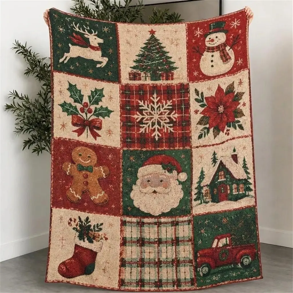 Vintage Christmas Patchwork Tassel Woven Blanket - Comfy and Cozy Casual Indoor/Outdoor Cobija Textile Artwork for Bed, Sofa Cover, Home Decor