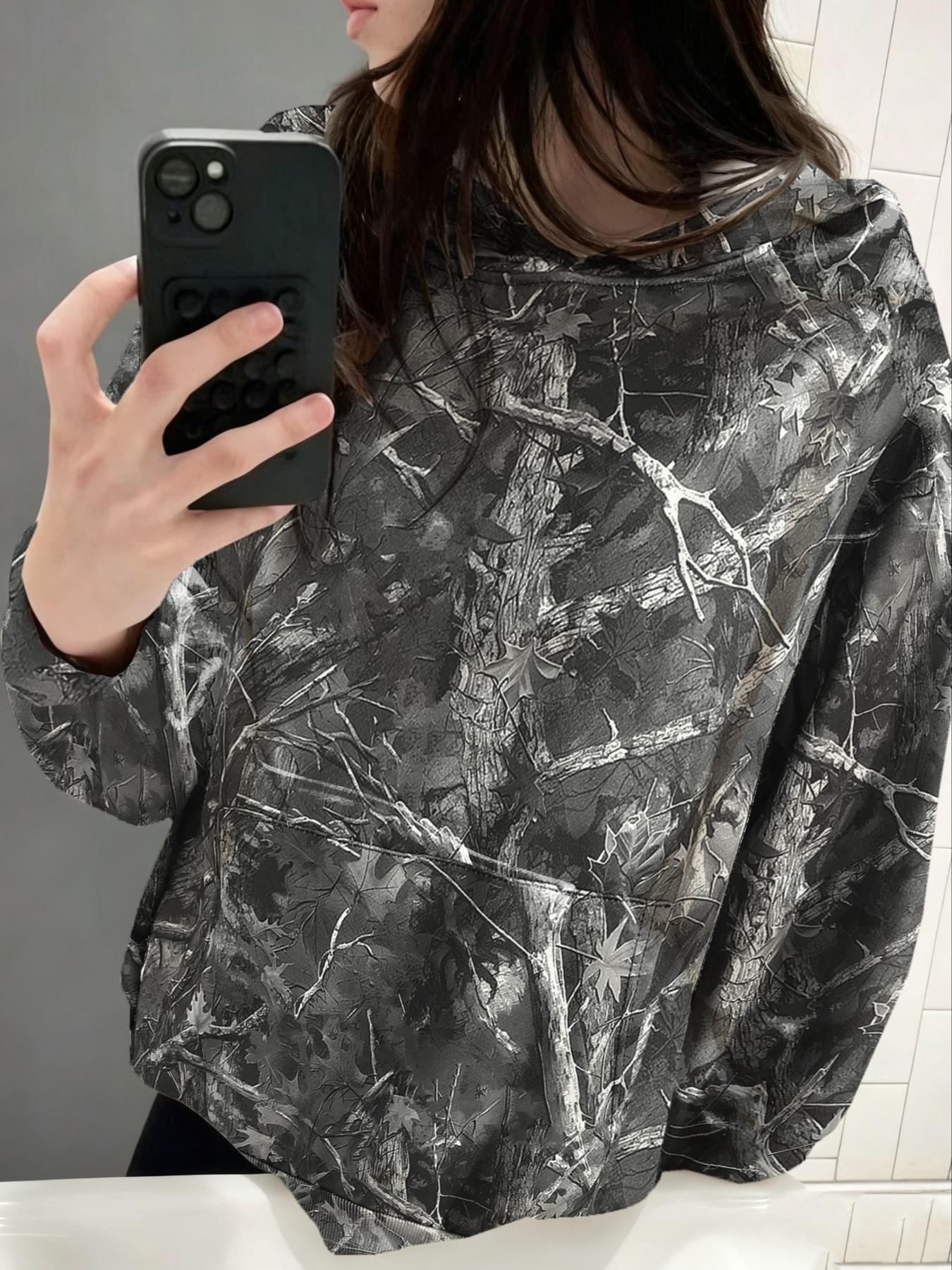 Women's Camo Hoodie Sweatshirt, Casual Everyday Oversized Loose-Fit Long Sleeve Pullover Piece, All-Over Print Design, Perfect for Spring & Fall, Womenswear Tops