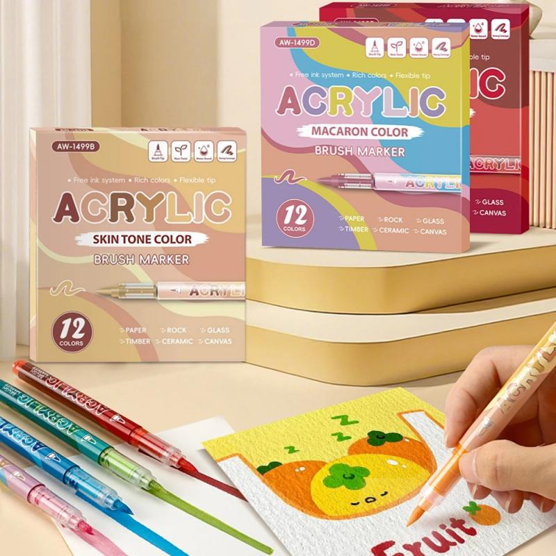 Acrylic Paint Markers, 12Pack Soft Brush Tip Acrylic Paint Pens, Professional Color System,Quick-Drying Waterproof Ink, for Rock Painting Plastic Wood Canvas Glass Ceramic Metal Art Drawing Supplies Art Crafts Supplies Christmas Gift