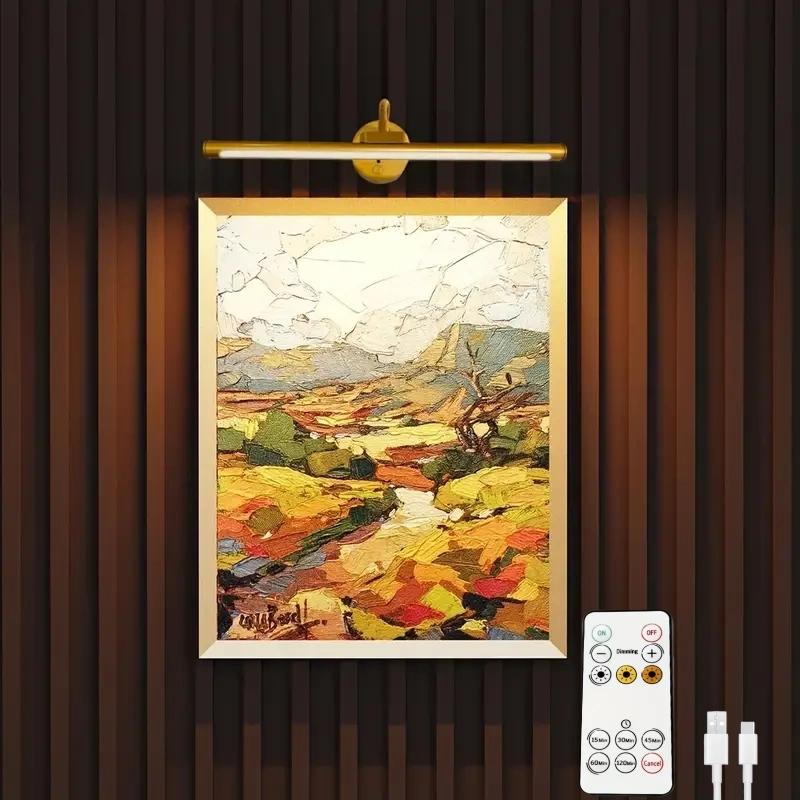 1pc Adjustable Dimmable Picture Light with Remote Control and Timer, Gold, USB Rechargeable Wall Light for Gallery Art, Paintings, Portraits, Dimmable Wall Lamp