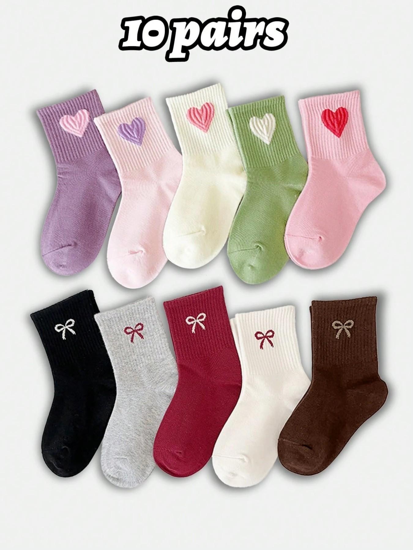 10 Pairs Girls' Crew Socks, Heart/bow Pattern, Casual Fitted Design, Breathable & Comfortable, Spring/fall/winter Wear, Comfy Breathable Socks