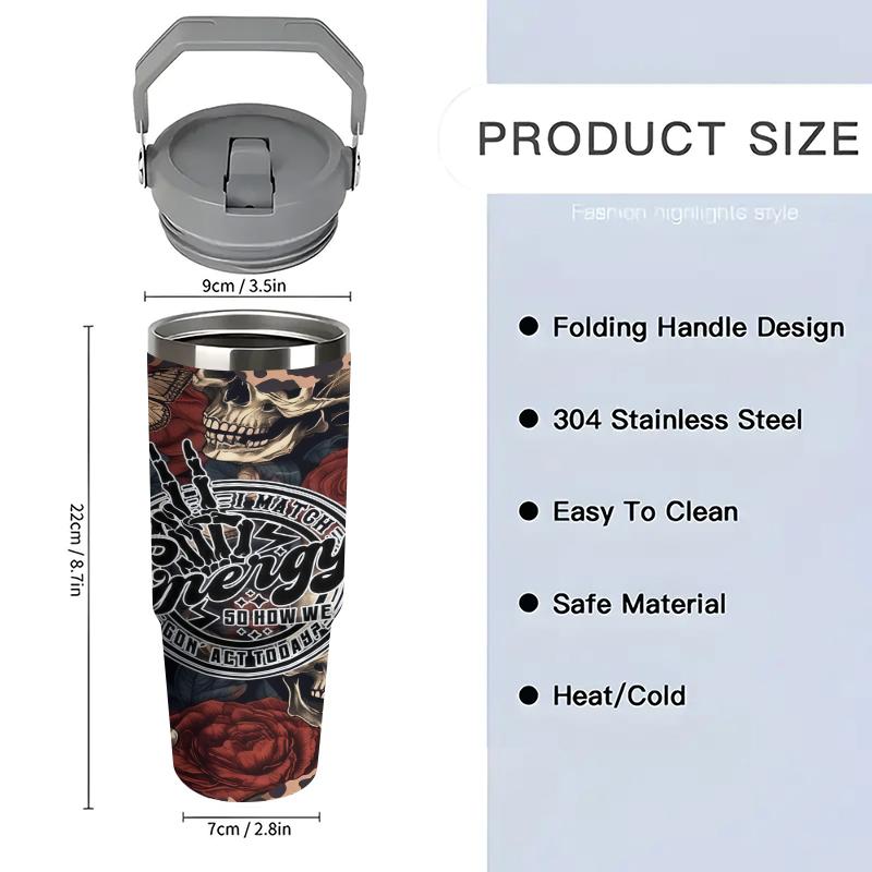 1pc 30oz Stainless Steel Insulated Mug - Gothic Style! Dark Skull and Rose Design - A Must-Have for Hot Girls! Comes with a handle and straw. Suitable for outdoor, sports, and indoor use. Birthday/Holiday Gift - Large Capacity Water Bottle