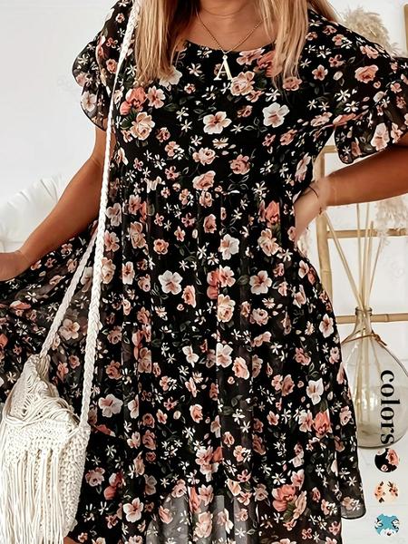 Women's Floral Print Ruffle Smock Dress, Casual Fashion Short Sleeve Round Neck Knee Length Dress for Summer, Women's Dress for Beach Holiday Vacation
