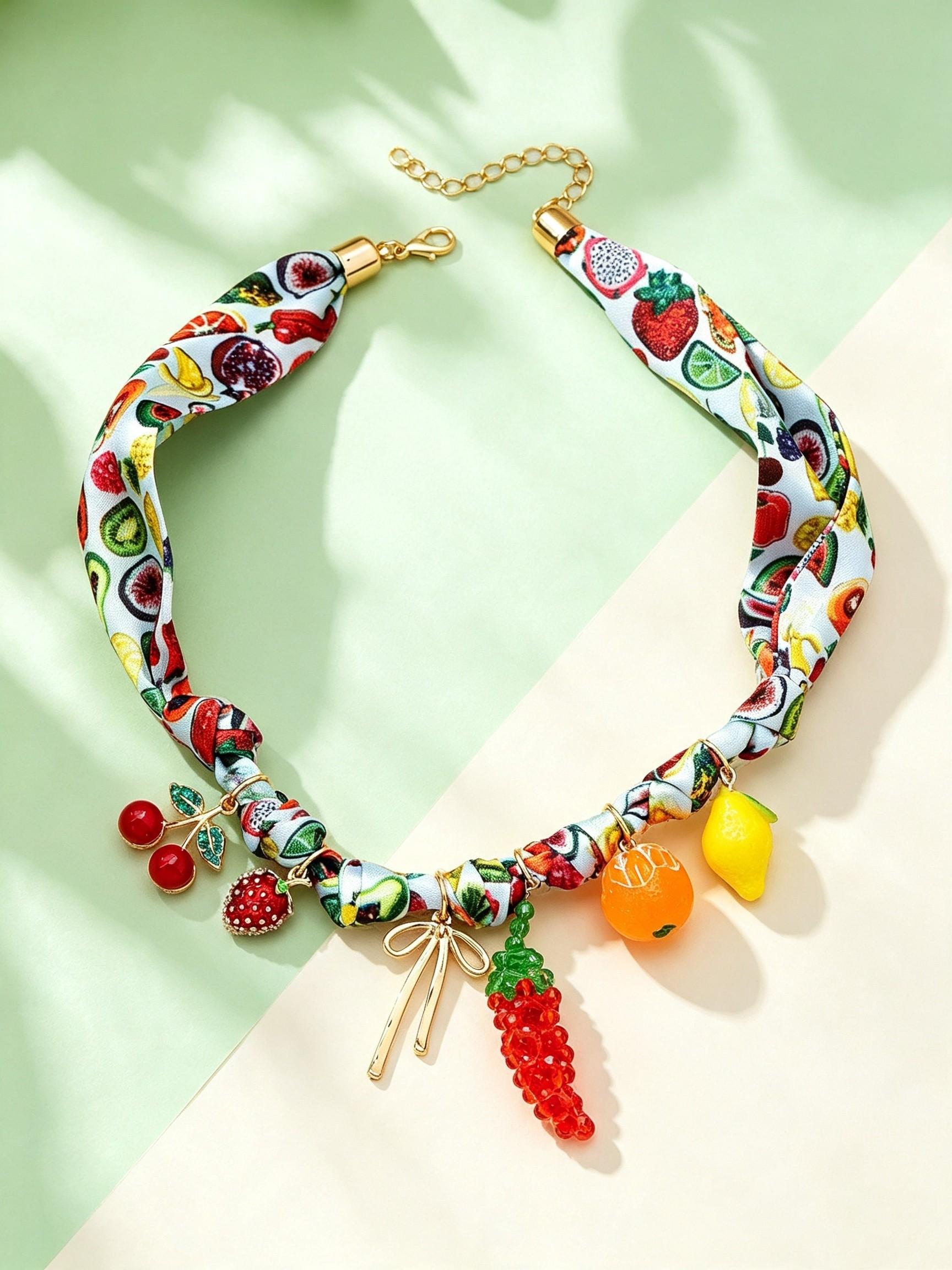 Boho Tropical Fruit Pendant Necklace, Summer Boho Scarf Necklace with Lemon Chili Cherry Pendants, Casual Women's Jewelry Accessory