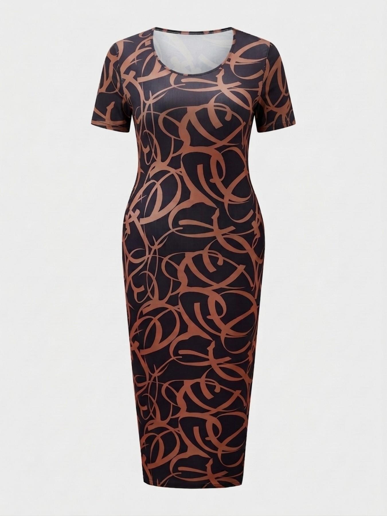 Plus Size Women Abstract Print Bodycon Midi Dress, Short Sleeve Sexy Slim Fit Dress, Trendy Fashion for Everyday Wear