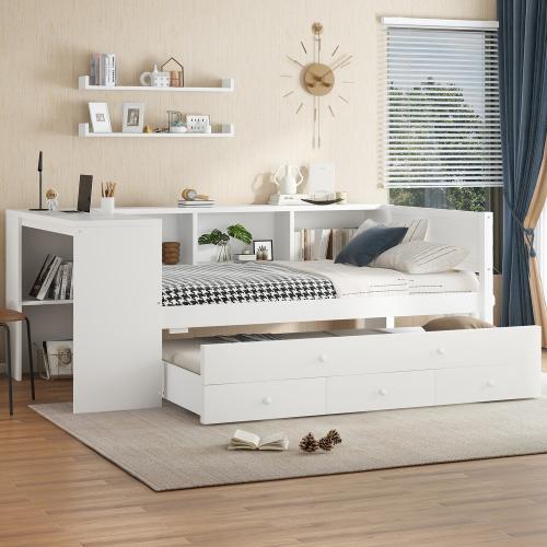 【Bellemave】Twin /FullSize Daybed with Trundle, Wood Day Bed Frame with Storage Drawers and Side Shelves, Daybed with Desk, No Spring Box Needed, White