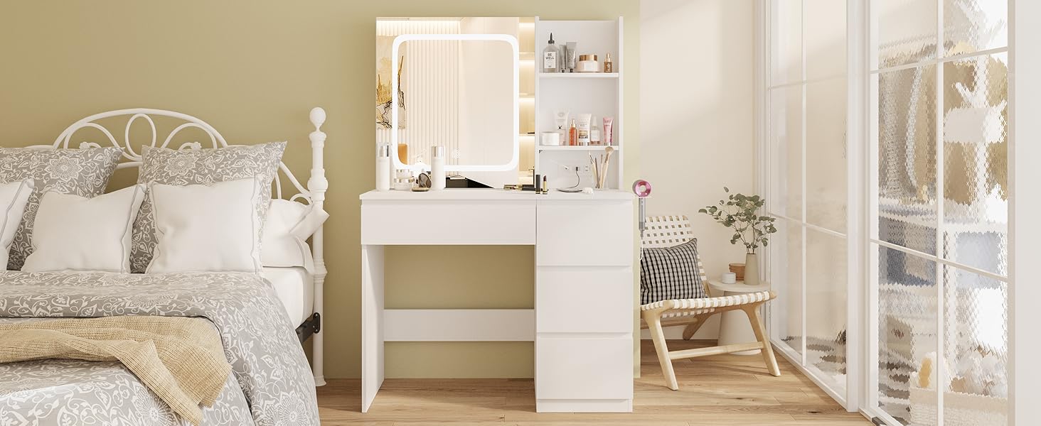 Vabches Vanity Desk with Mirror and Lights,Make Up 4 Drawers Table with Glass Door Storage Cabinet,Charger Station,3 Lighting Color Dressing Table for Bedroom,37inch Vabches Vanity Desk with Mirror and Lights,Make Up 4 Drawers Table with Glass Door Storage Cabinet,Charger Station,3 Lighting Color Dressing Table for Bedroom,37inch