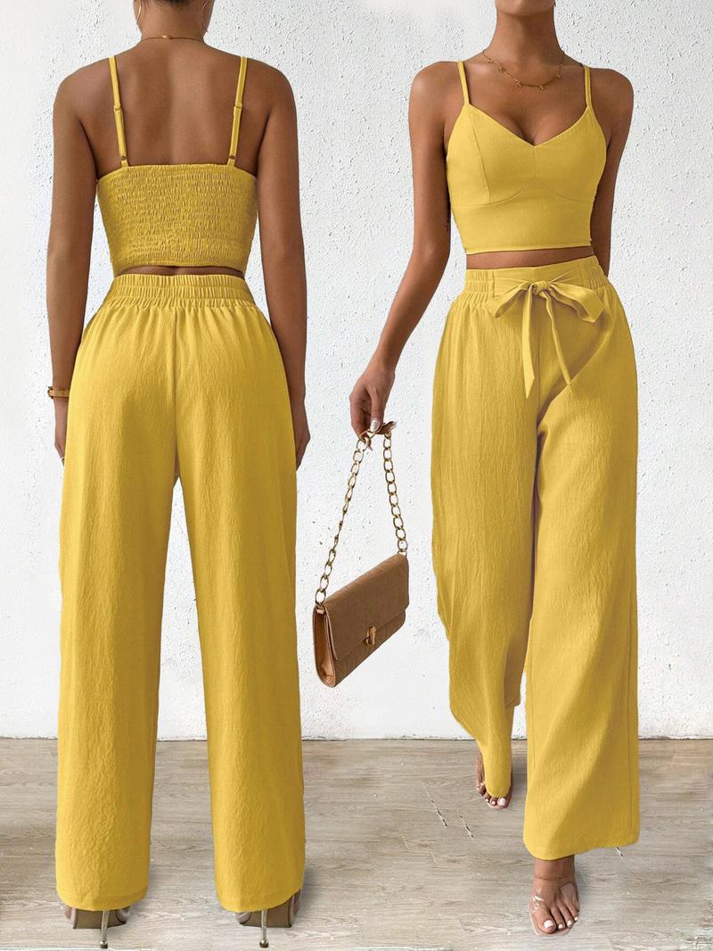 Women's Solid Crop Cami Top & Wide Leg Pants Two-piece Set, Casual Comfy Two Piece Outfits for Daily Wear, Ladies Clothes for All Seasons