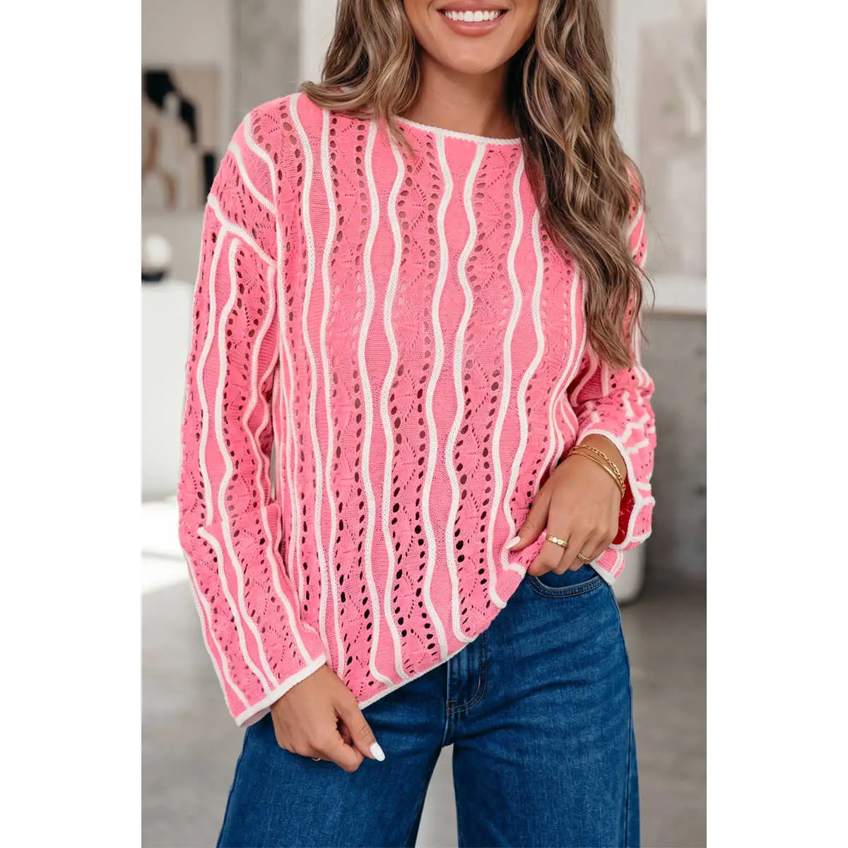Pink Wavy Detail Hollow Out Knit Long Sleeve Cotton Pullover Sweater