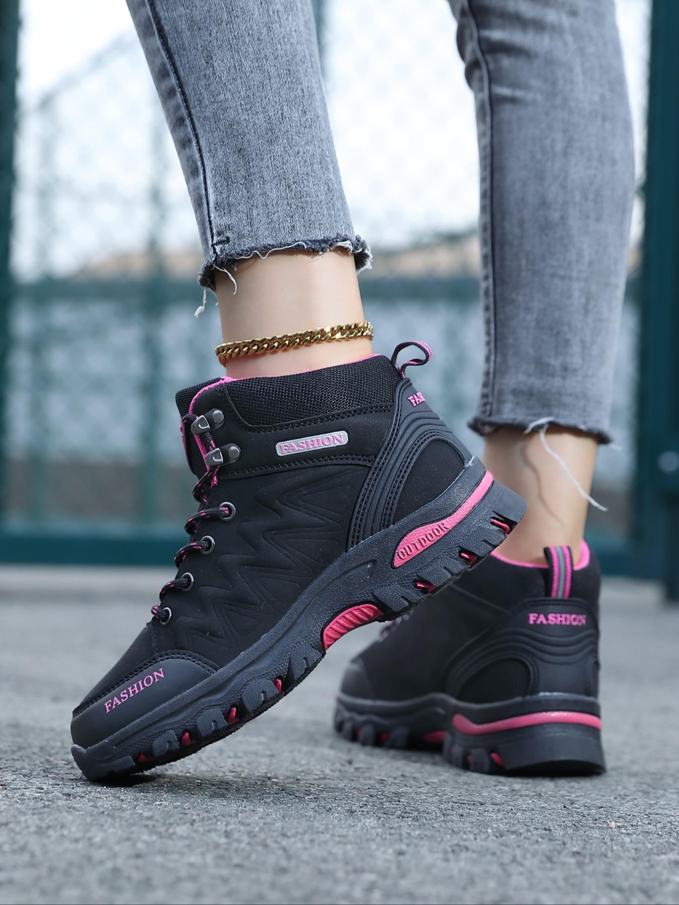 Stylish high-top hiking shoes designed for women, featuring windproof and waterproof performance, sturdy and long-lasting build, perfect for outdoor trekking activities as well as everyday casual outfits.