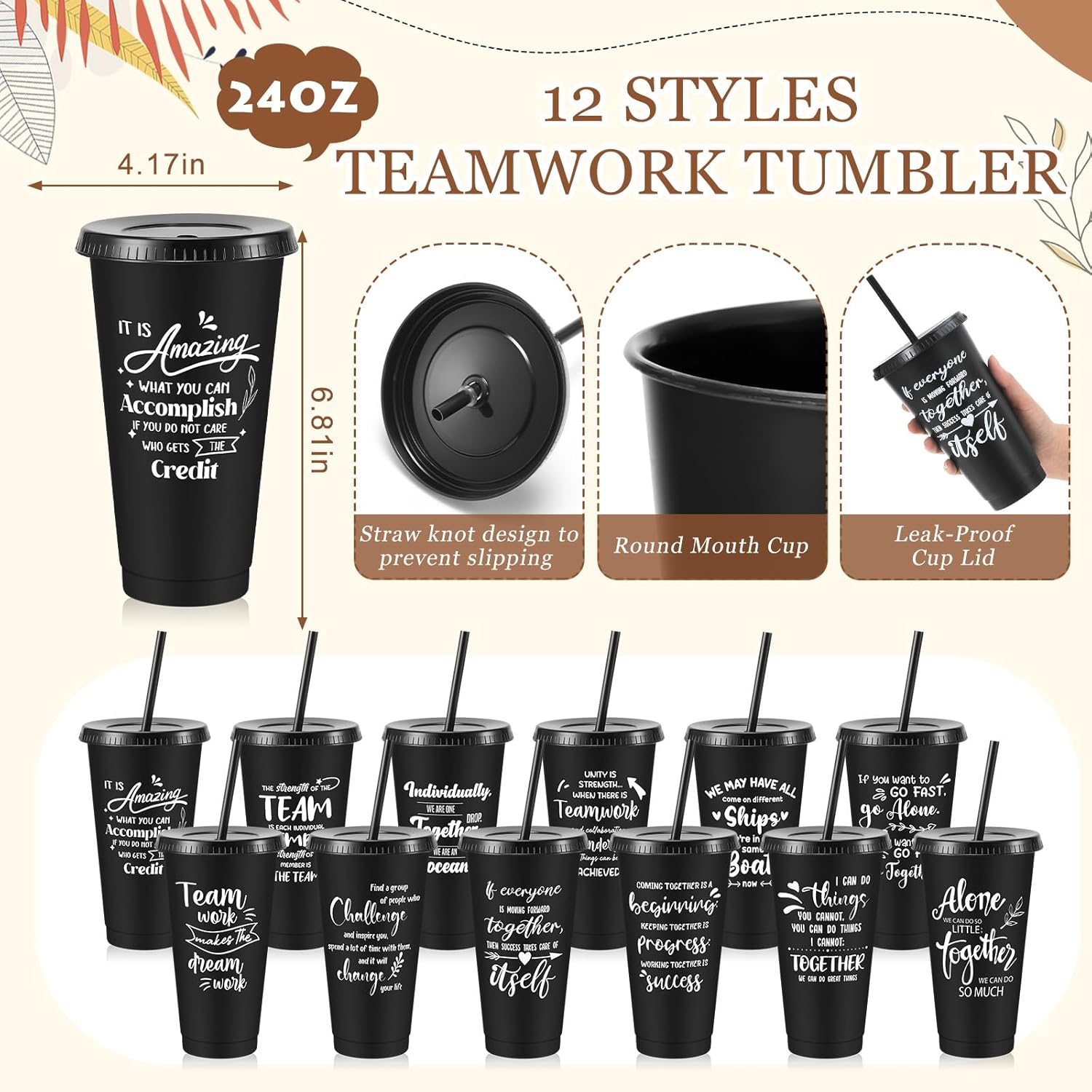 12 Sets / 48 count Team Appreciation Gifts for Employee, 24 oz Inspirational Plastic Cups Bulk with Lid and Straw Notebooks Ballpoint Pens  Set, Bulk Gifts for Coworkers (Black)