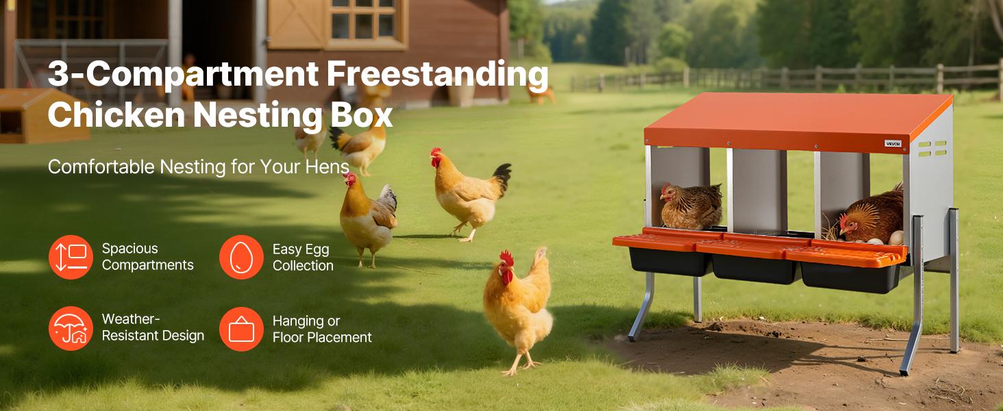 VEVOR Chicken Nesting Boxes, 3 Compartments, with Support Legs, Easy Egg Collection, Galvanized Steel and High-Strength Plastic, Roll Away Nesting Boxes for Chickens and Hens Laying Eggs, Orange