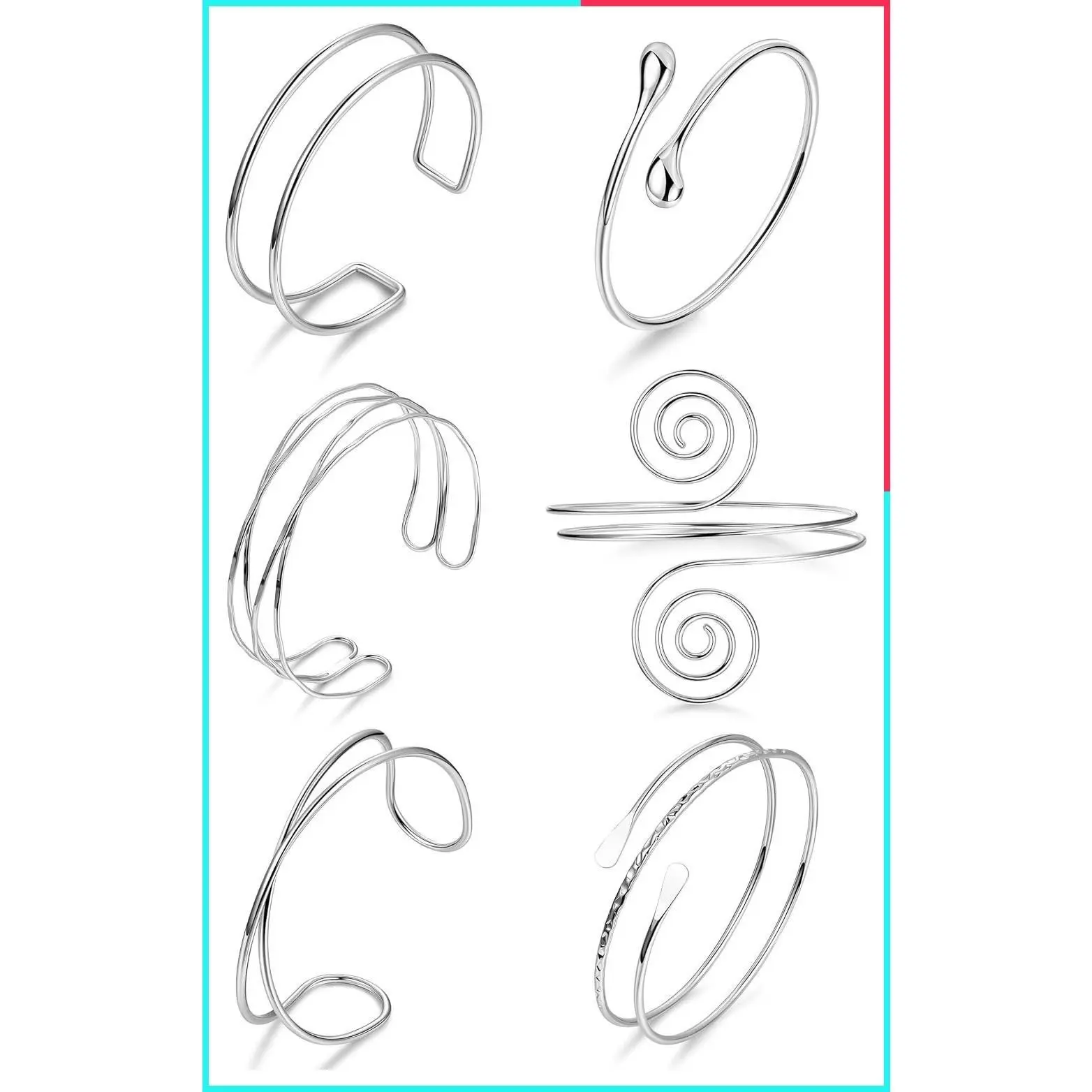 6Pcs Boho Coil Arm Cuff Bangle Set - Adjustable Minimalist Open Armlet Armband