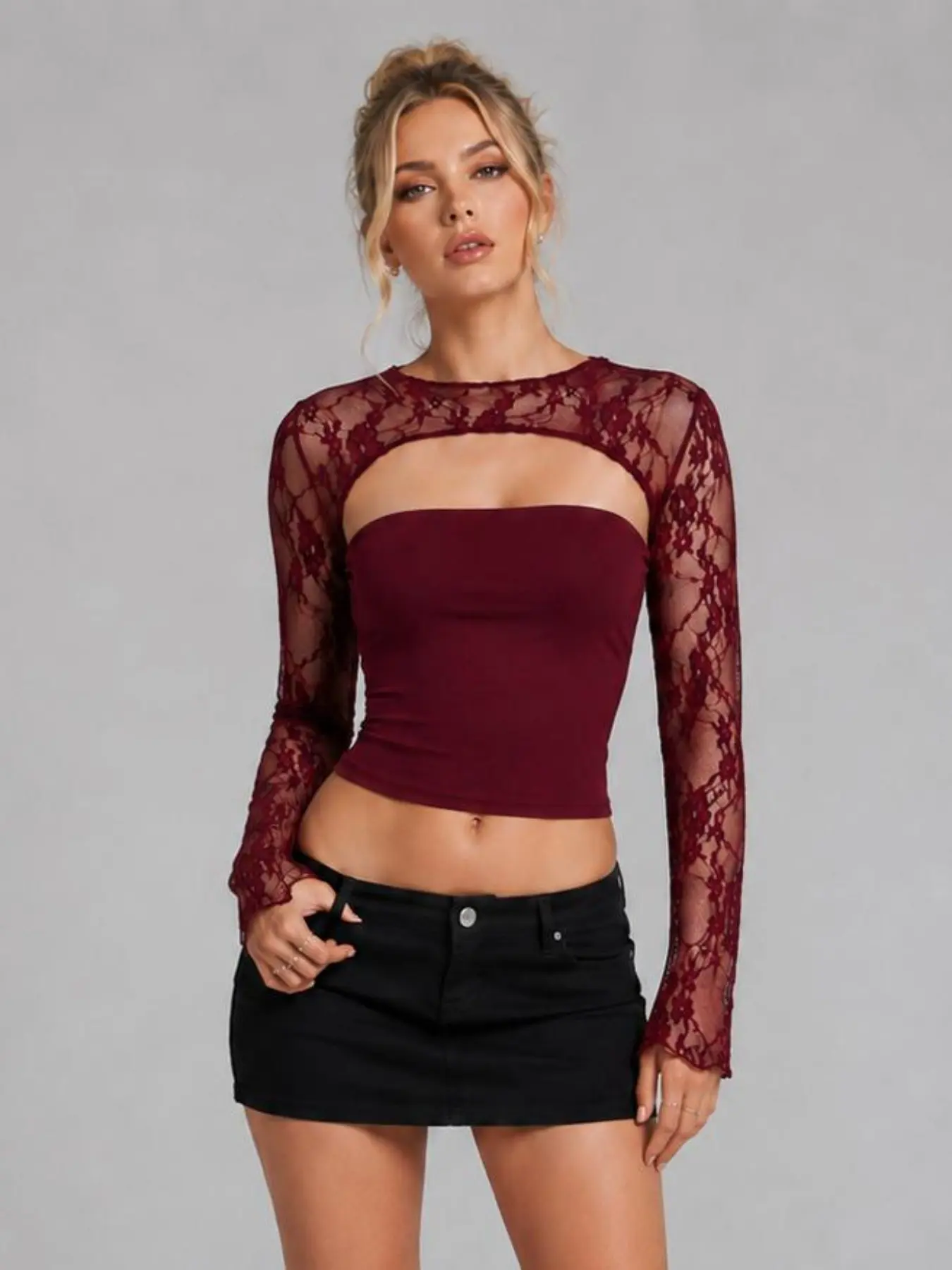 Y2K Lace Hollow Out Long Sleeve Bell Sleeve Top, Elegant Lace Pattern, Vintage Bell Sleeve, Slim Fit, All Seasons, Plain Surface, Unlined