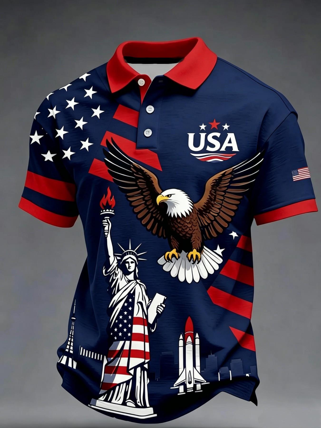 Summer Gift for Men, Usa Flag Eagle Liberty Statue Print, Short Sleeve, Casual Patriotic Polo Shirt, All Seasons Summer Gift for Men, Usa Flag Eagle Liberty Statue Print, Short Sleeve, Casual Patriotic Polo Shirt, All Seasons