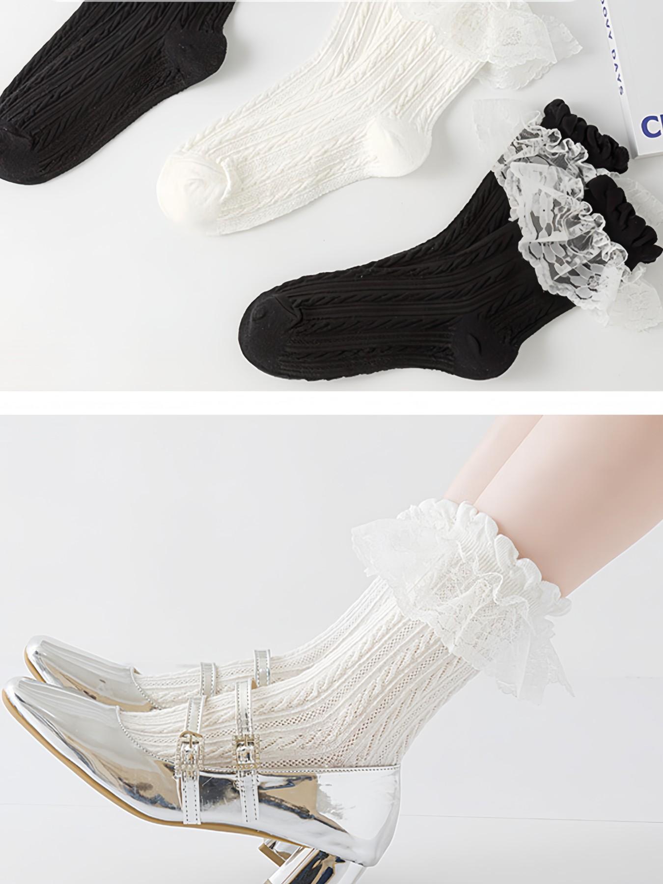 Lolita Lace Trim Socks for Women, Japanese Style Mesh Breathable Mid-Calf Socks, Perfect with Mary Jane Shoes