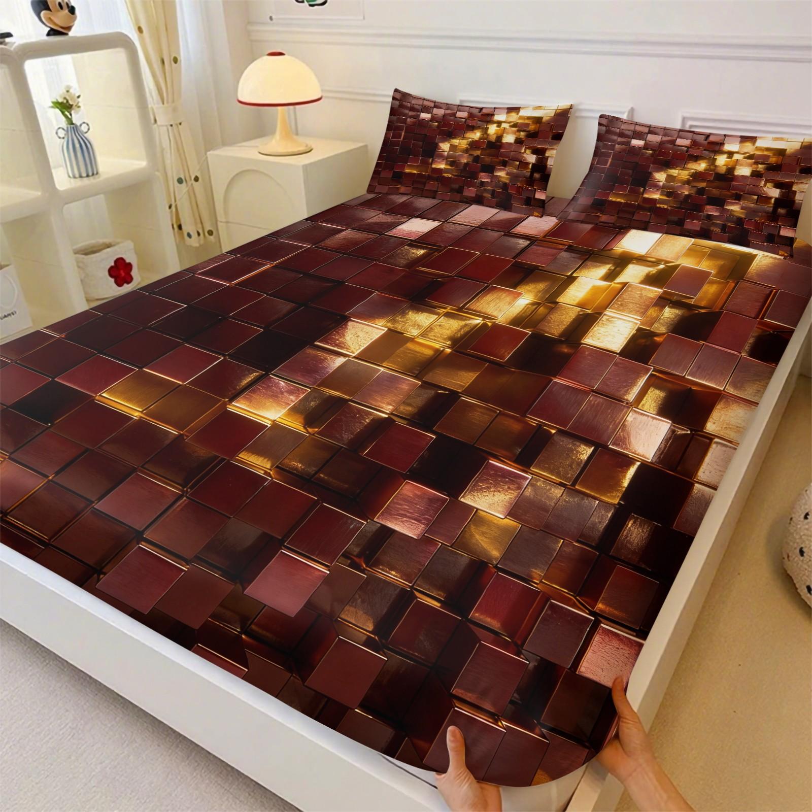 Deep Sea Neon Cube 3D Visual Fitted Sheet Set & 2 Pillowcases No Core, Blue Metallic or Glass Reflective Textures Square Matrix Blocks Design, Soft Wrinkle-Resistant, Futuristic Bedroom Decor, Gift Choice