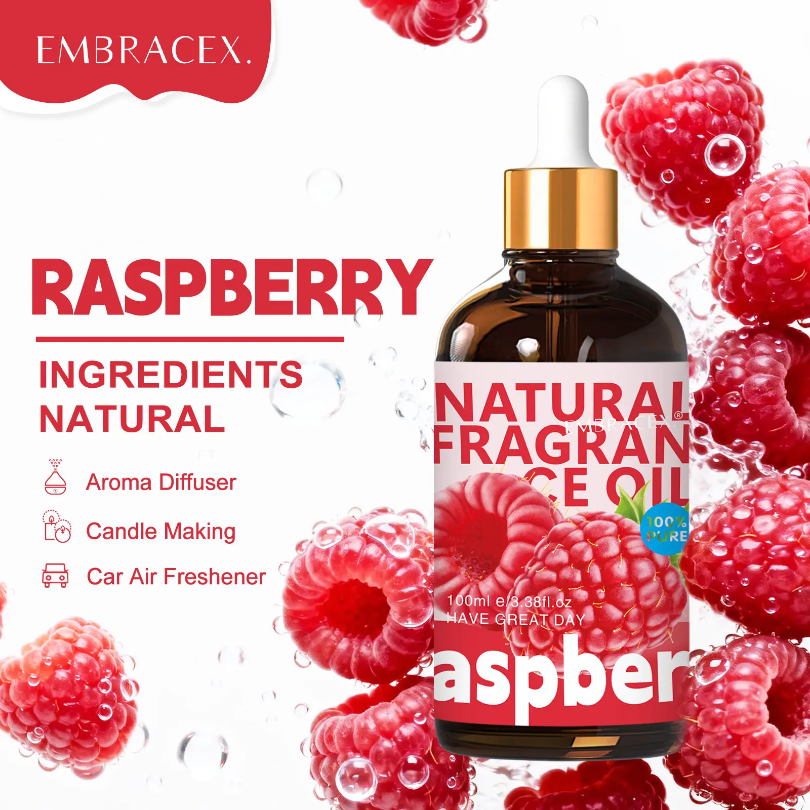 100ML Raspberry Scented Essential Oils, Alcohol-Free Long-Lasting Fragrance Scent Diffuser, Car Air Freshener, Body Massage, Home Decor, Holiday Gift
