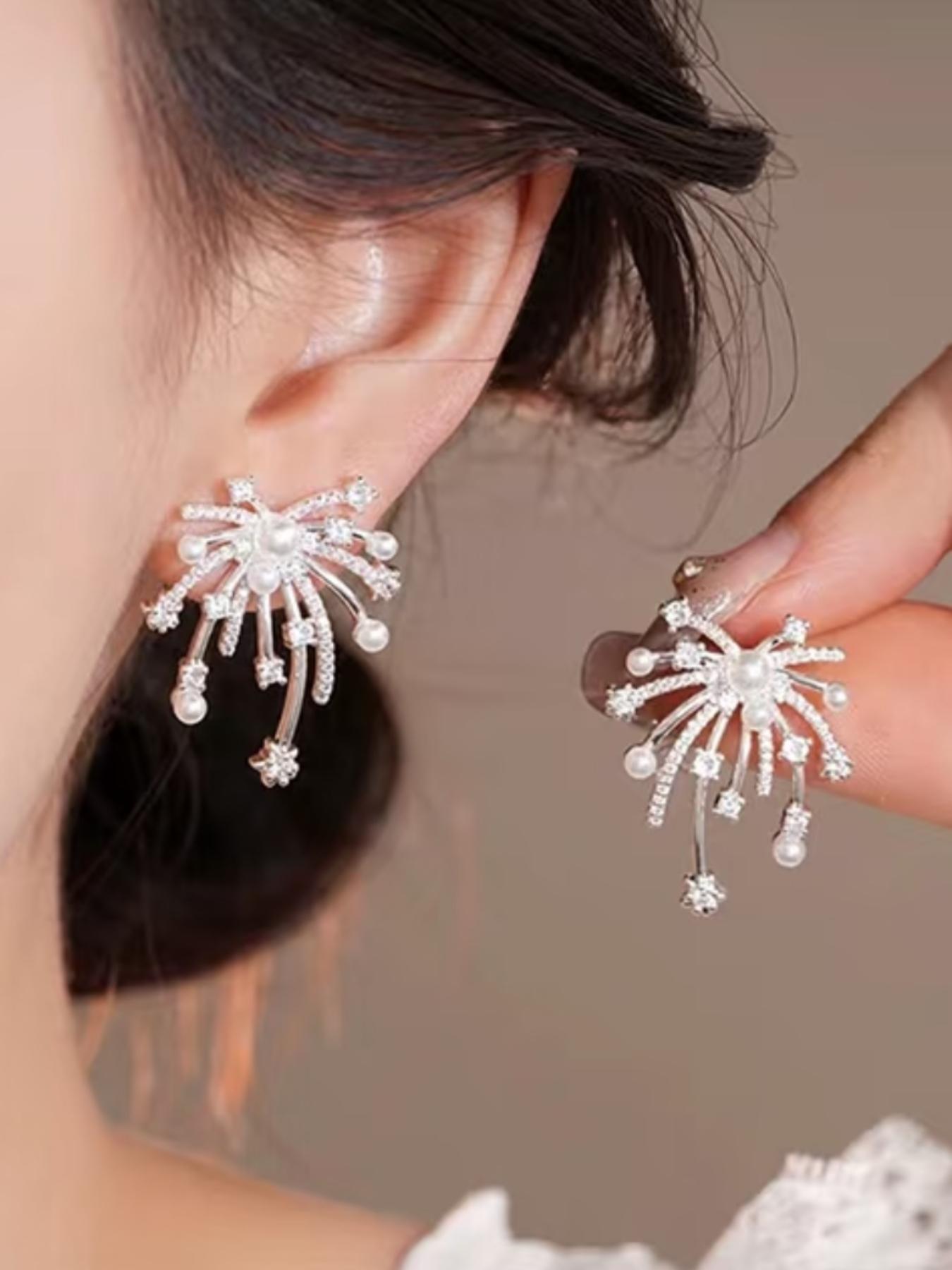 Silver Color Firework Pearl Earrings, Luxury Rhinestone Design, Dangle Style, Titanium Steel, Fashionable Women's Jewelry