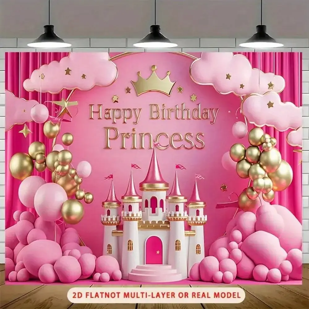 Princess Tapestry - Pink Castle Motif, Golden Accents, Crown Design, Hanging Glam Durable Happy Birthday Decoration for Girls, Photo Backdrop, Easy To Hang, No Ornaments, White, Machine Wash, Princess Party Vibe