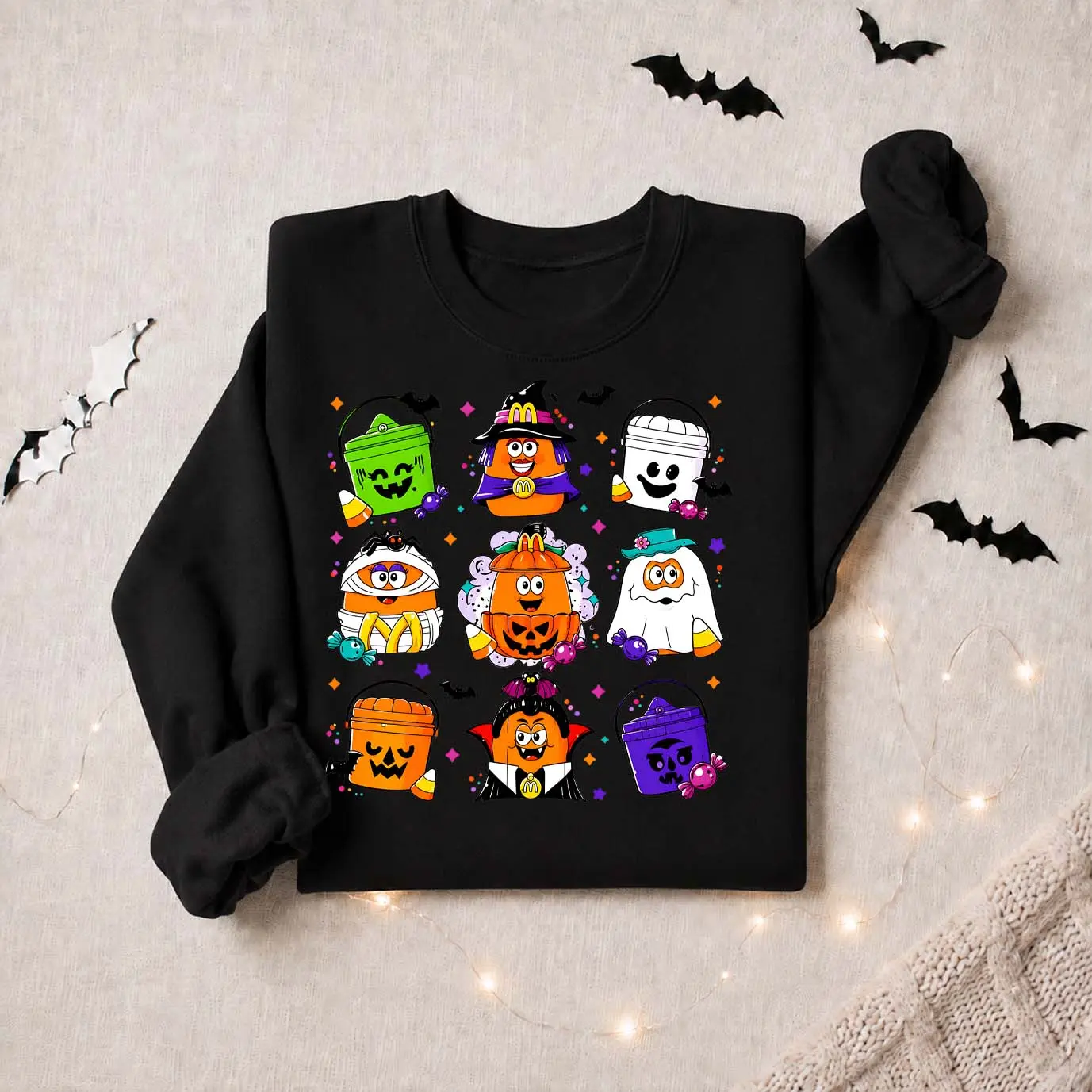 Women’s Minimalist Crewneck Sweatshirt - Halloween Candy Bucket Graphic, Cute Spooky Character, Ghost-Pumpkin-Mummy-Witch Prints, Cozy Fabric, Long Sleeve Fall Top, Machine Washable for Parties, Trick or Treat