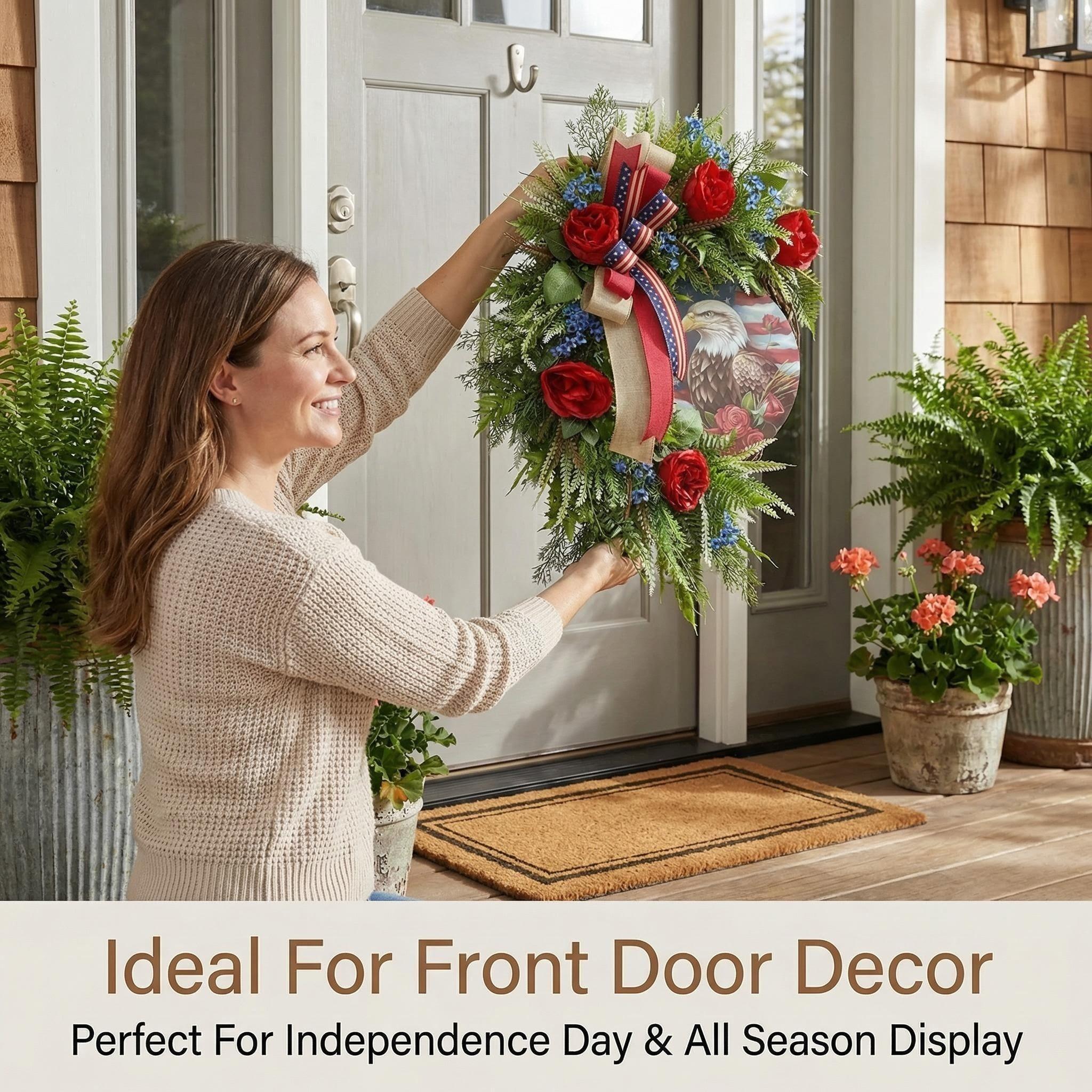 Patriotic Bald Eagle Wreath, Independence Day Memorial Decoration, Rose American Flag Wreath, Rustic Door Hanging, Indoor Outdoor Decor