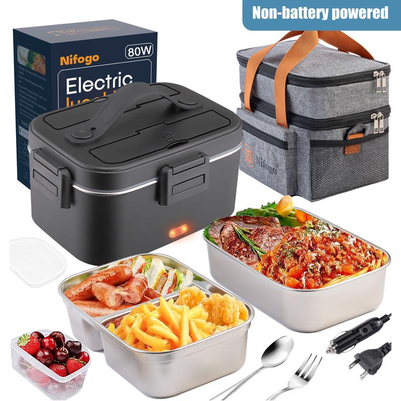 Deals for You Days Electric Lunch Box Portable Food Heater for Adults，80W Food Insulated Lunch Box 1.5&1.8L Stainless Steel Container & Bag 12V/24V/110V Car/Truck/Work with Stainless Steel Container, Fork & Spoon & Bag