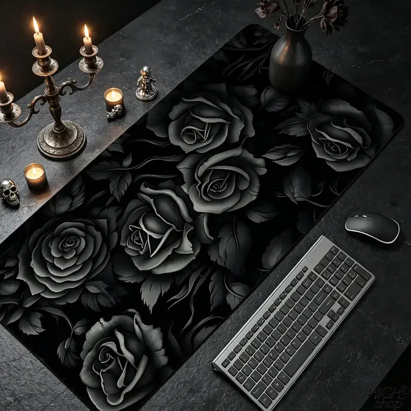 Dark Gothic Rose Print Rectangular Extended Large Gaming Mouse Pad - Non-Slip Rubber Base, Stitched Edges, Desktop-Protecting Desk Mat for Gaming, Office Use, Multiple Sizes Available