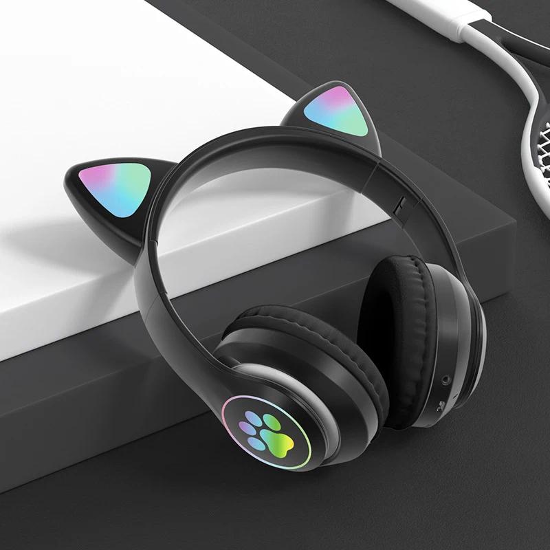 Flash Lamp Cute Cat Ears Headphone Bluetooth5.0 Stereo With Mic Support TF Card Wireless Kids Girl Earphone Birthday Gift btheadphones