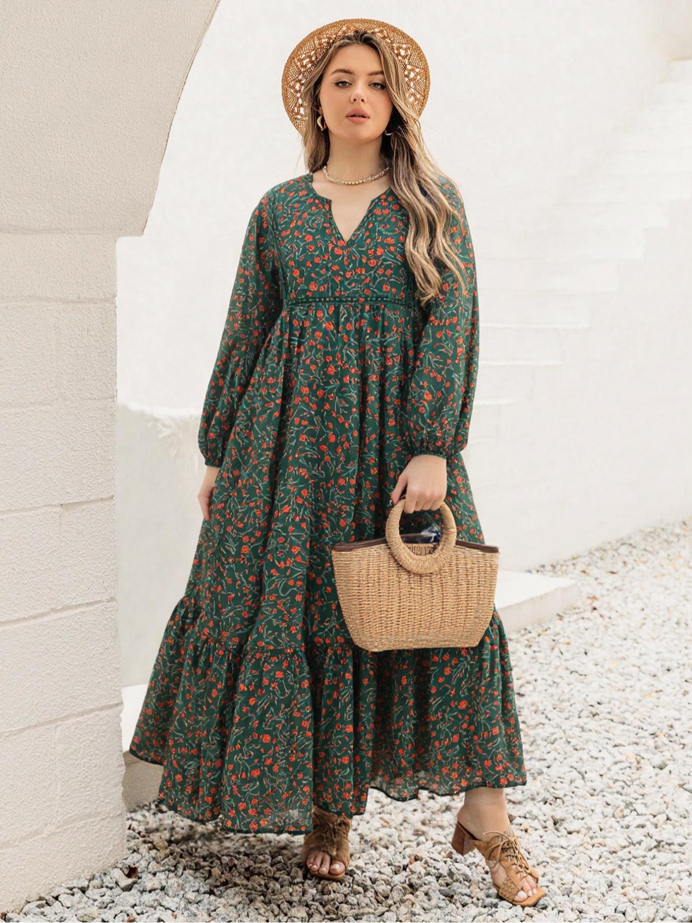 Plus Size Women's Floral Woven Dress, Fall Winter V Neck Tie Back Lace Trim Long Sleeve Maxi Dress, Casual Elegant Fashion