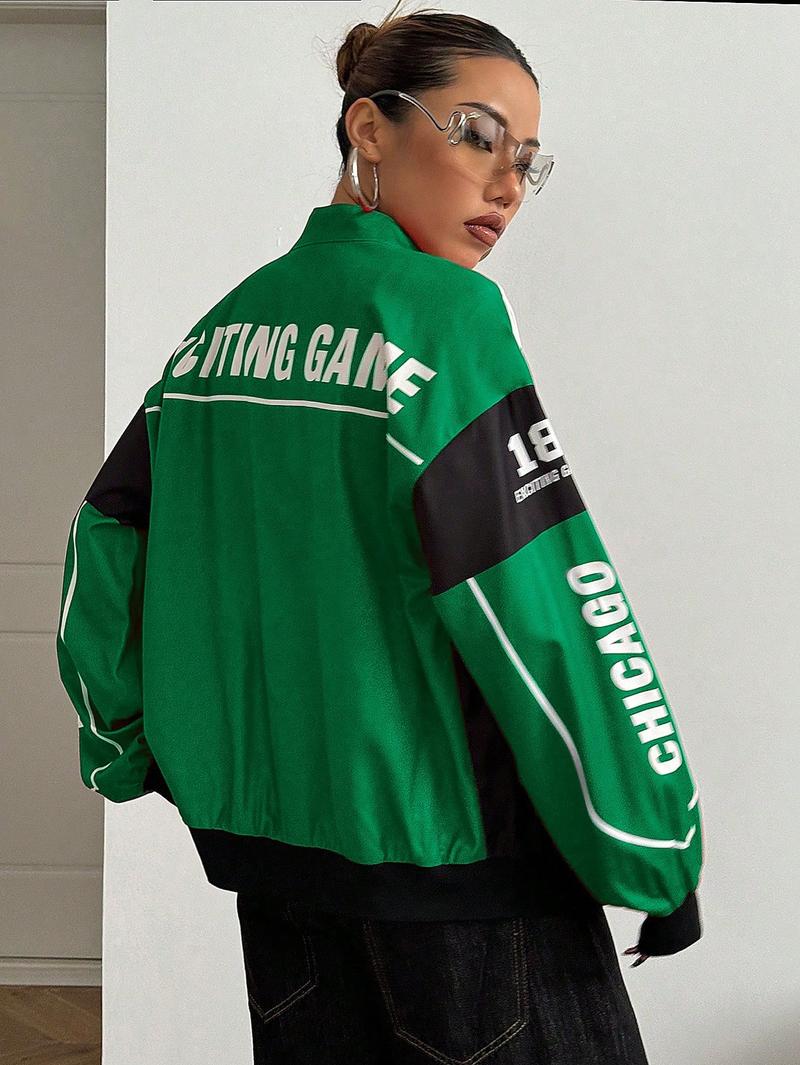 Spring Bomber Jacket Long Sleeve Zip Up Racing Jackets Color Block Y2k Outerwear Vintage Streetwear
