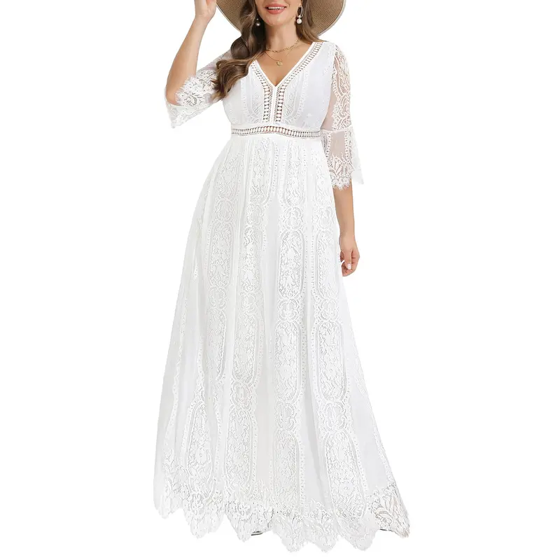 PINUP FASHION Women's Plus Size High Waist Maxi Dress - Hippie Boho Formal Goddess Style, Lacy Floral V-Neck, Cutout, Loose-Fitting, Flowy, Medium Stretch Maternity Apparel for Engagement, Prenatal Clothing, Plus Size Dresses