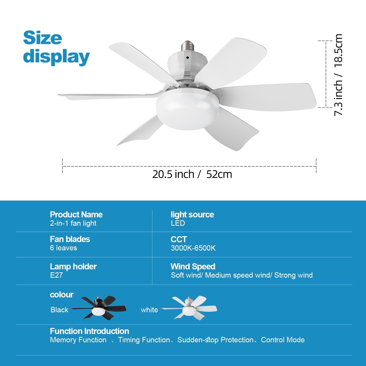 New E27 Bulb Socket Ceiling Fan Light Lamp, Adjustable Dimming Timer, 3 Color Modes 3000k-6500k, Remote Control, Bedroom Kitchen Living Room